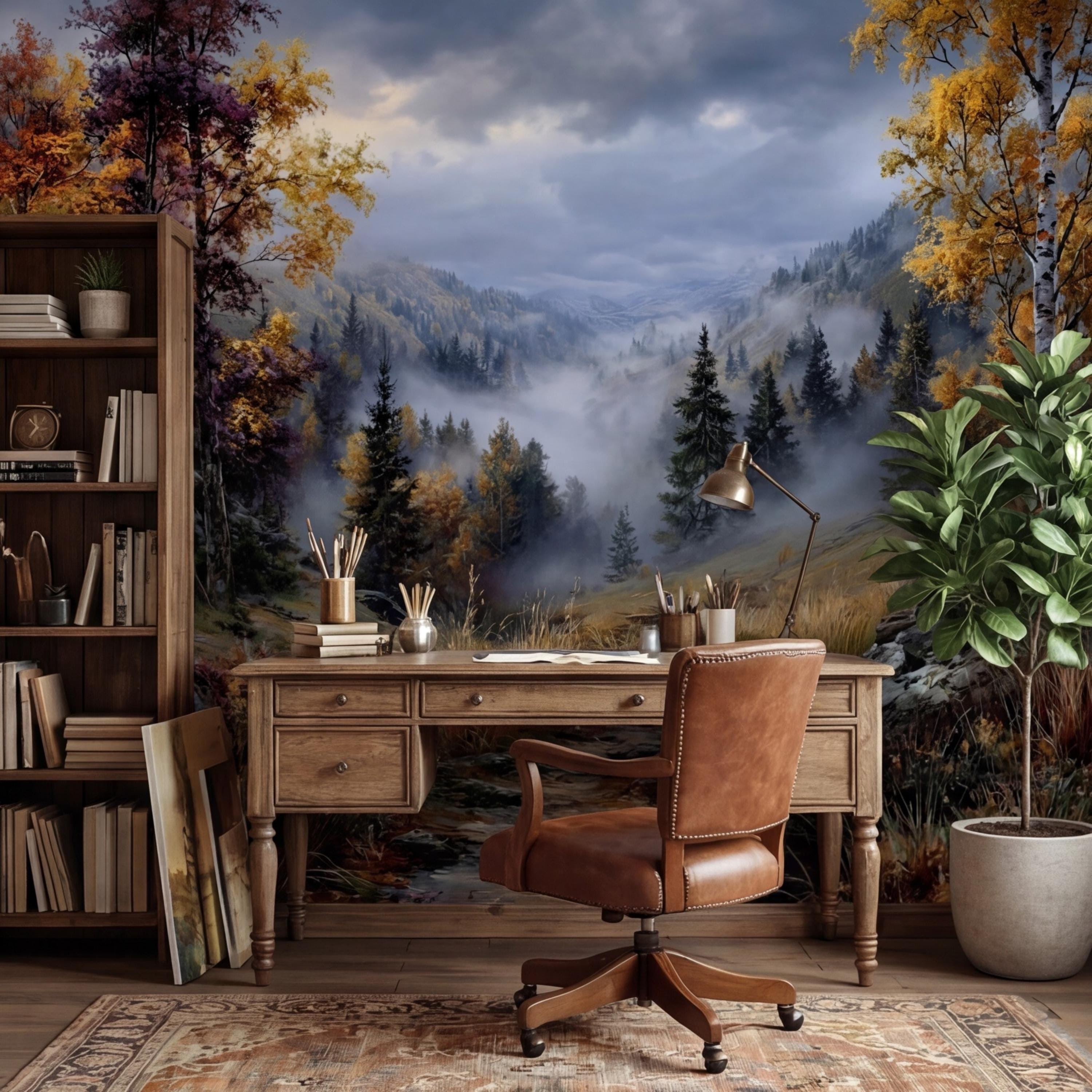 Vintage Oil Painting Autumn Mountain Valley Landscape Peel and Stick Wall Mural, Misty Forest Trail, Fall Foliage Scenic Nature Wallpaper