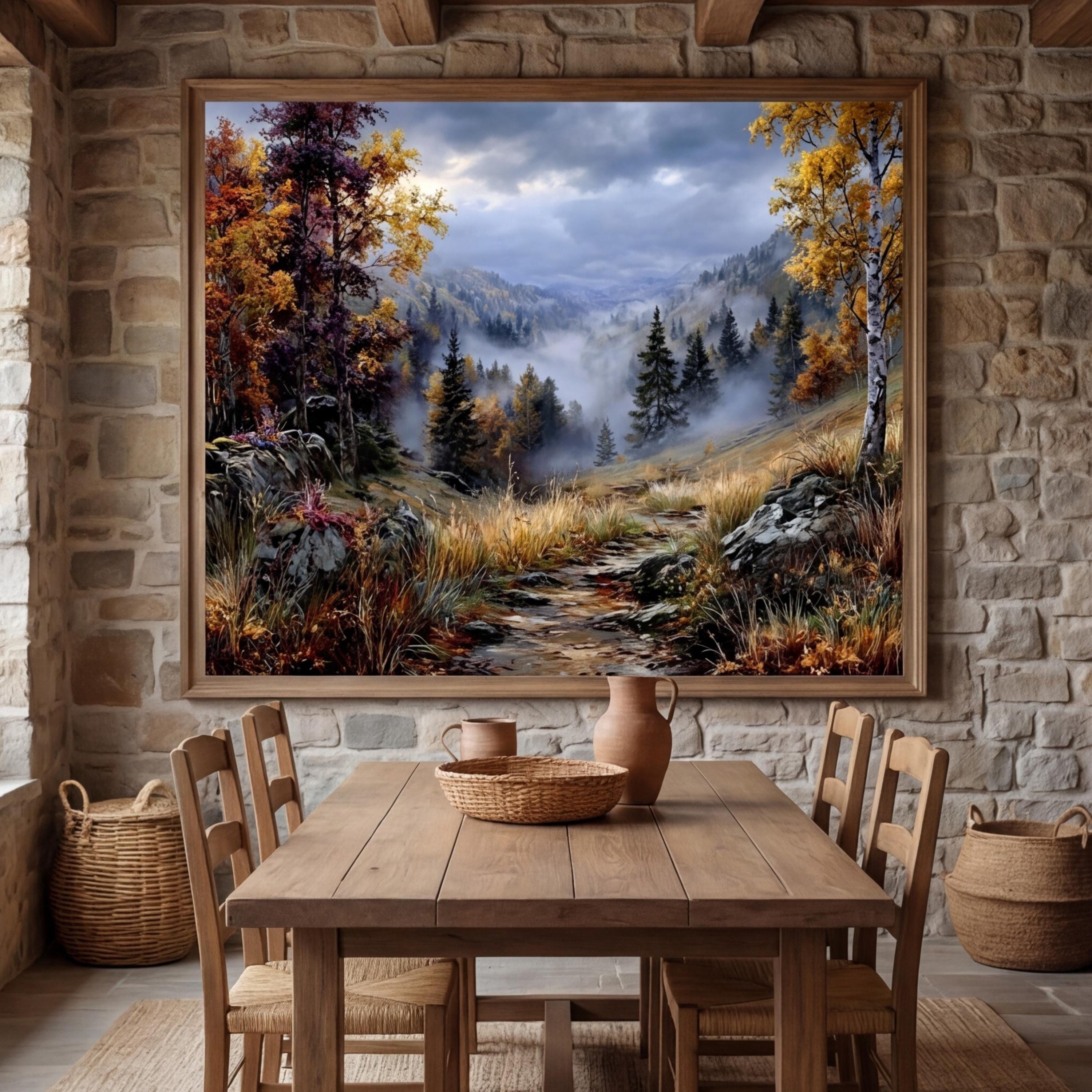 Vintage Oil Painting Autumn Mountain Valley Landscape Peel and Stick Wall Mural, Misty Forest Trail, Fall Foliage Scenic Nature Wallpaper