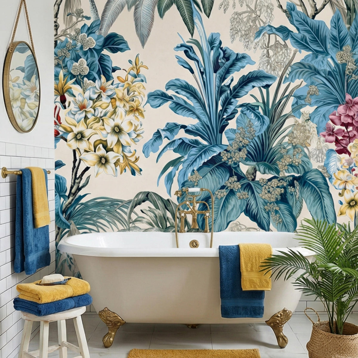 Cream wall mural corner view with blue tropical leaves and yellow-white flower clusters