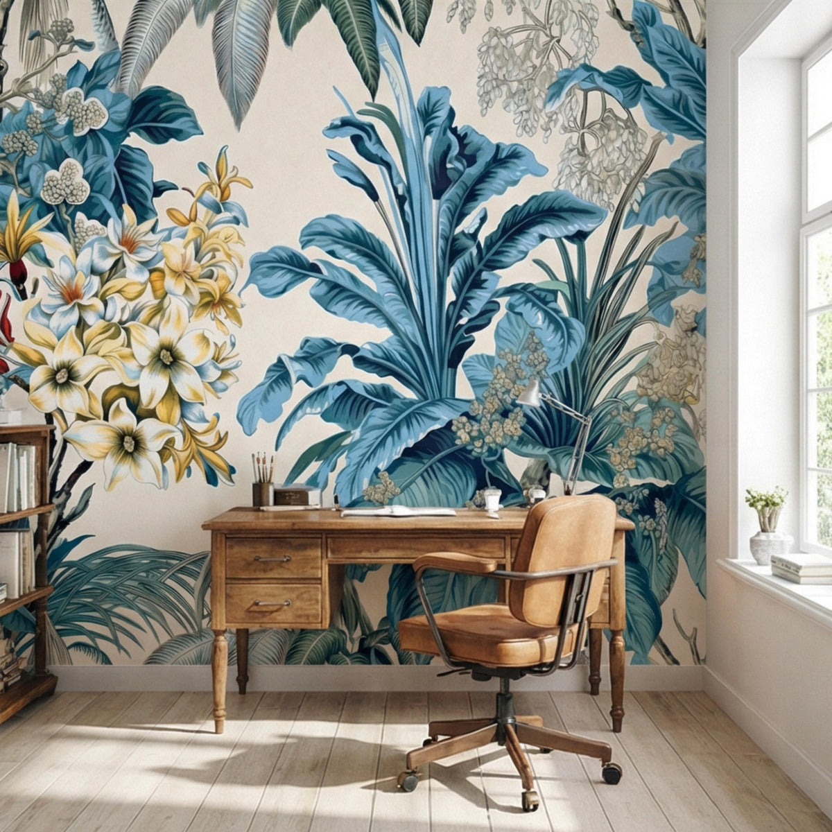 Cream wall mural with blue banana leaves and cream-and-gold orchid blooms