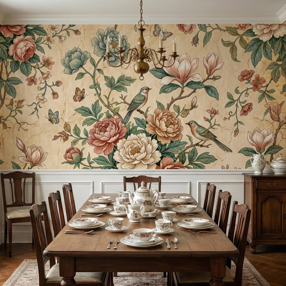 Floral bird and butterfly wall mural with blooming peony and magnolia on antique parchment