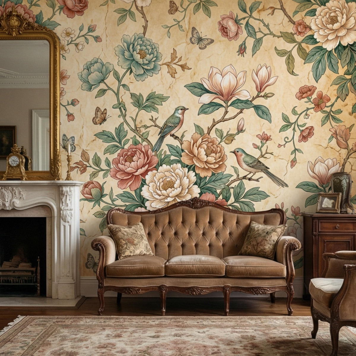 Floral bird wall mural with peonies and magnolia flowers on antique parchment background