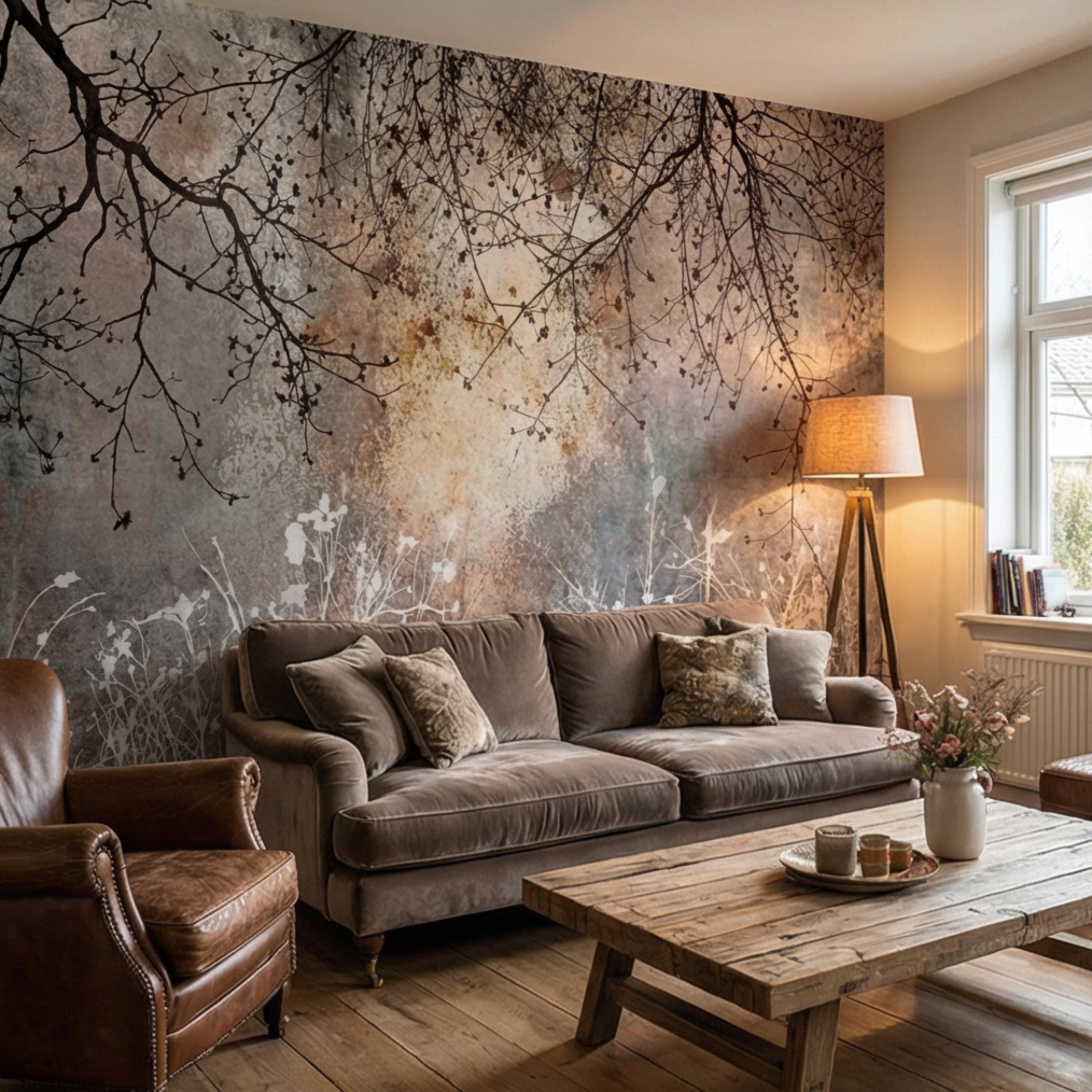 Moody Winter Branches Abstract ForestPeel and Stick Wall Mural, Rustic Distressed Texture Neutral Gray Beige Wallpaper
