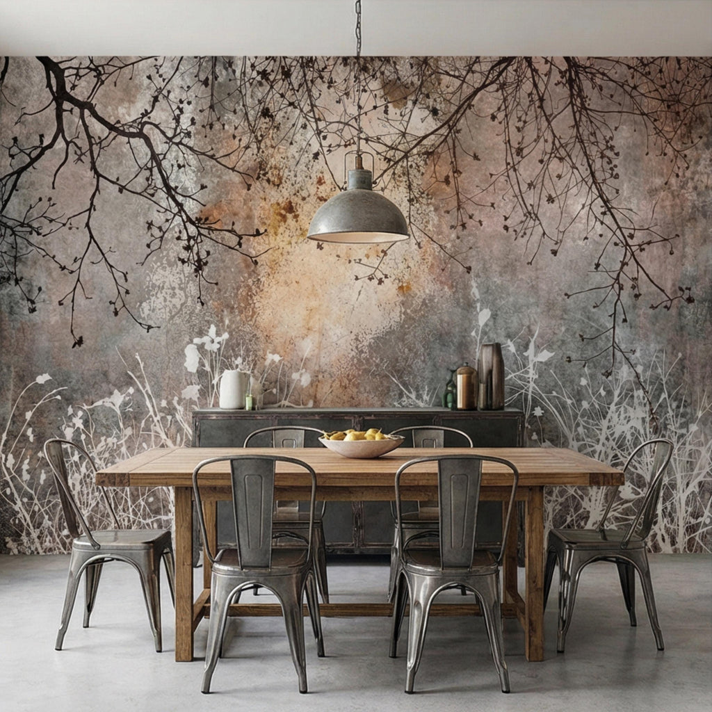 Moody Winter Branches Abstract ForestPeel and Stick Wall Mural, Rustic Distressed Texture Neutral Gray Beige Wallpaper