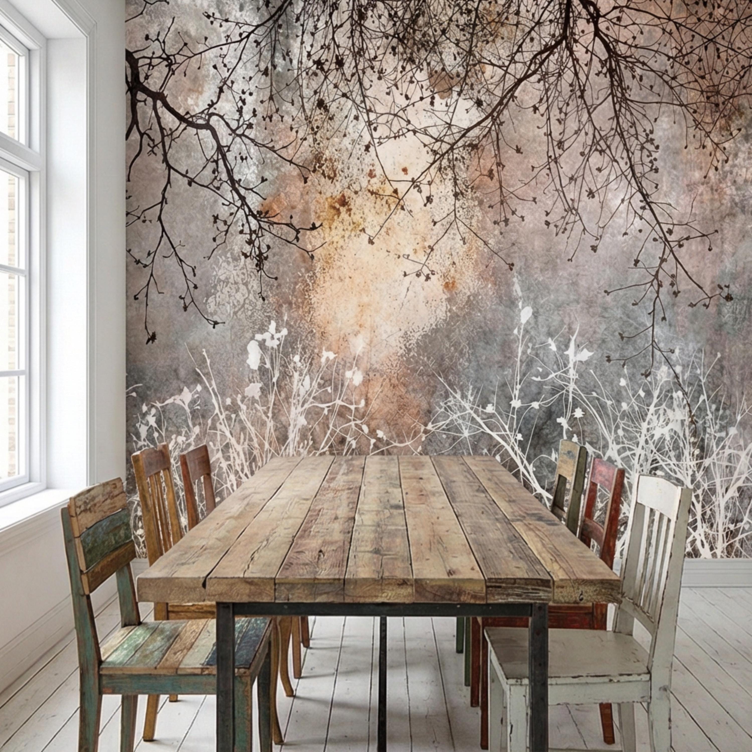 Moody Winter Branches Abstract ForestPeel and Stick Wall Mural, Rustic Distressed Texture Neutral Gray Beige Wallpaper