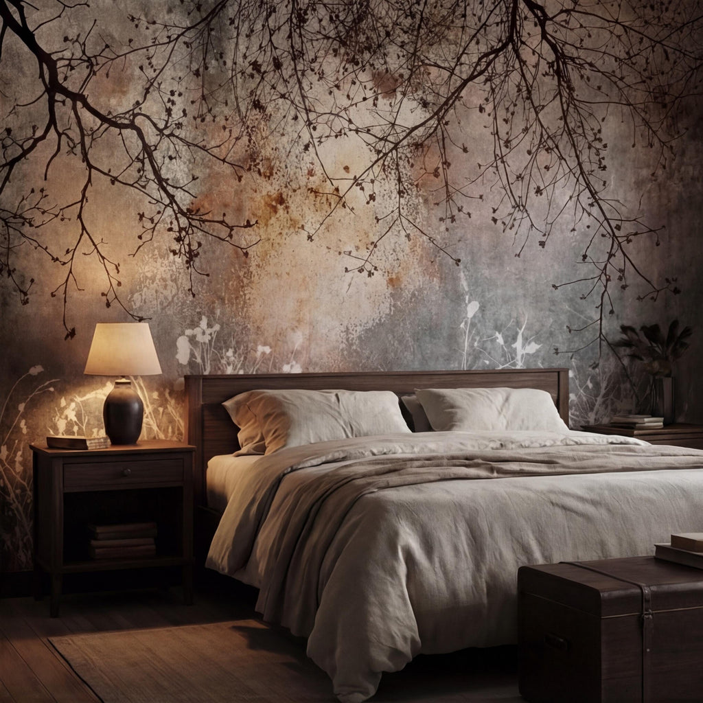 Moody Winter Branches Abstract ForestPeel and Stick Wall Mural, Rustic Distressed Texture Neutral Gray Beige Wallpaper