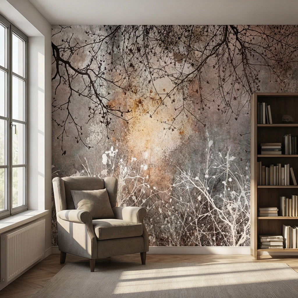 Moody Winter Branches Abstract ForestPeel and Stick Wall Mural, Rustic Distressed Texture Neutral Gray Beige Wallpaper