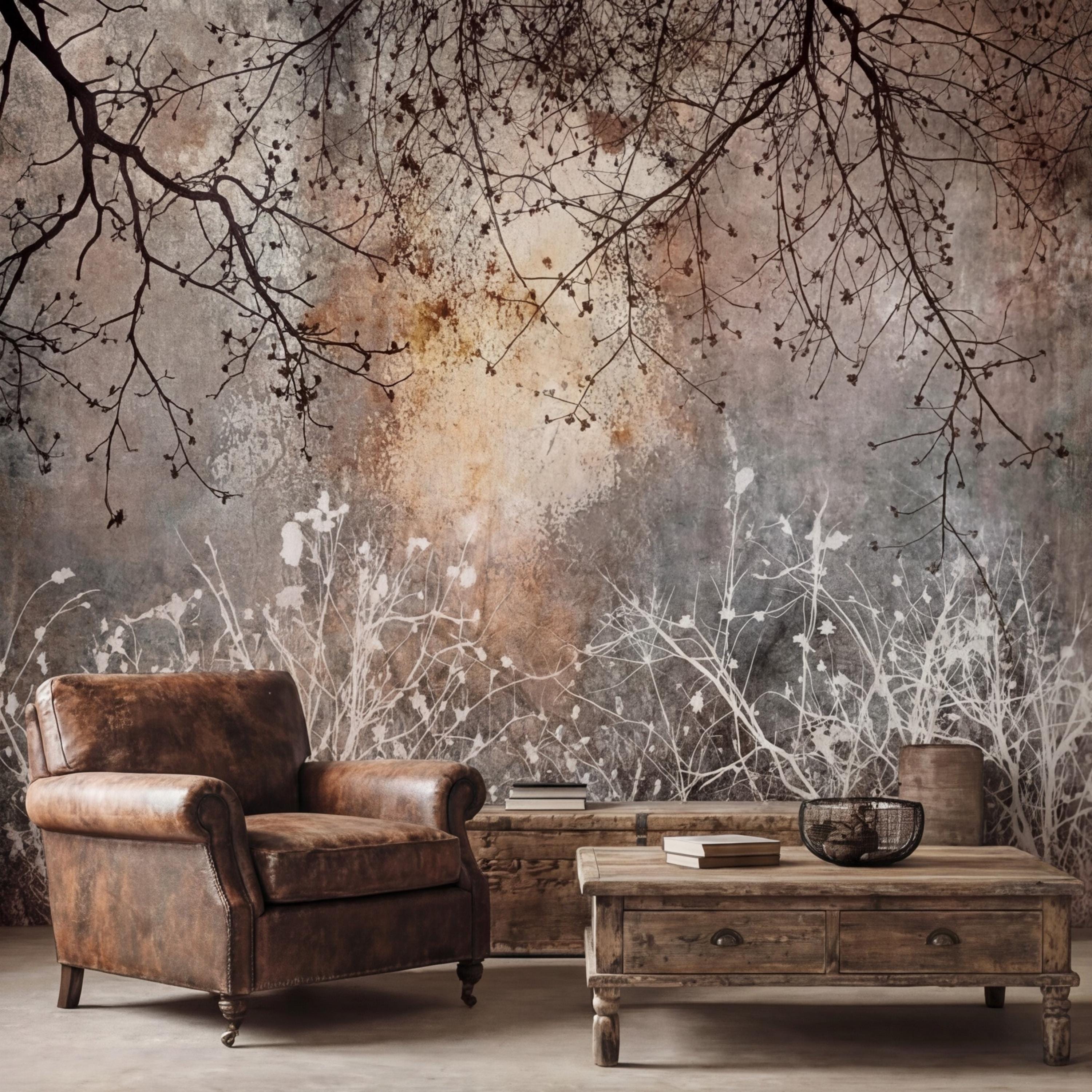 Moody Winter Branches Abstract ForestPeel and Stick Wall Mural, Rustic Distressed Texture Neutral Gray Beige Wallpaper