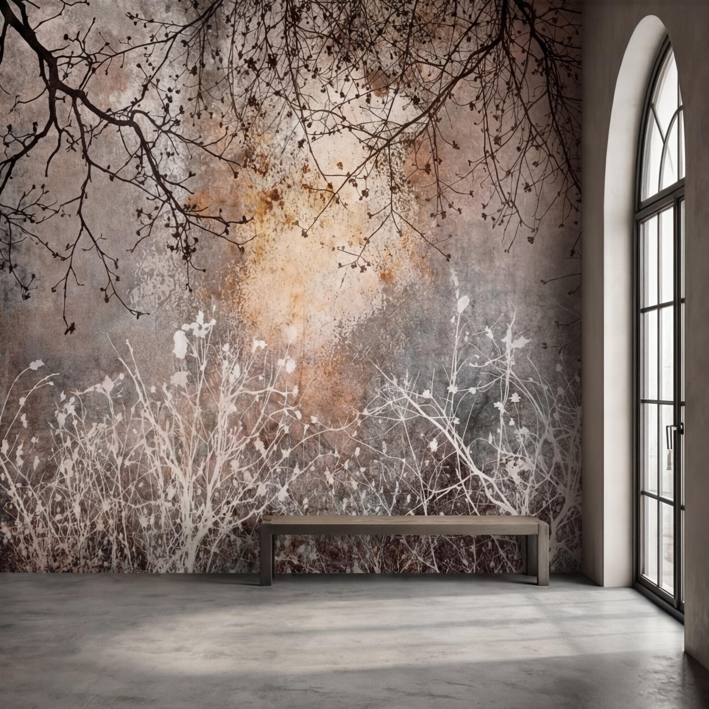 Moody Winter Branches Abstract ForestPeel and Stick Wall Mural, Rustic Distressed Texture Neutral Gray Beige Wallpaper