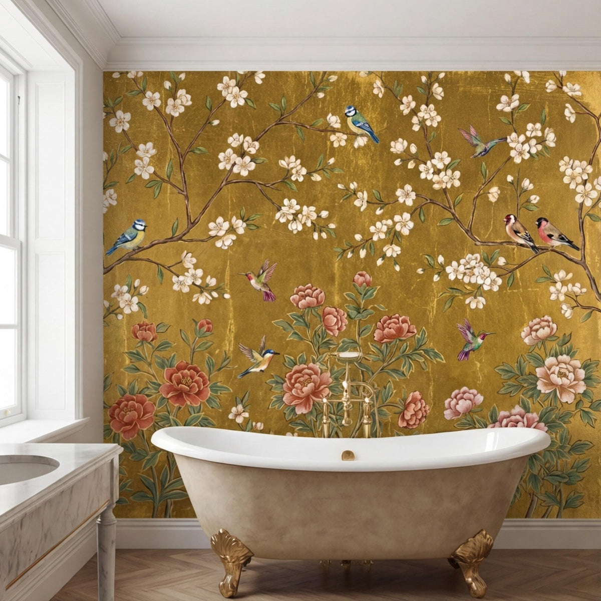 Gold blossom and bird wall mural with white blooms, pink flowers, and hanging branches