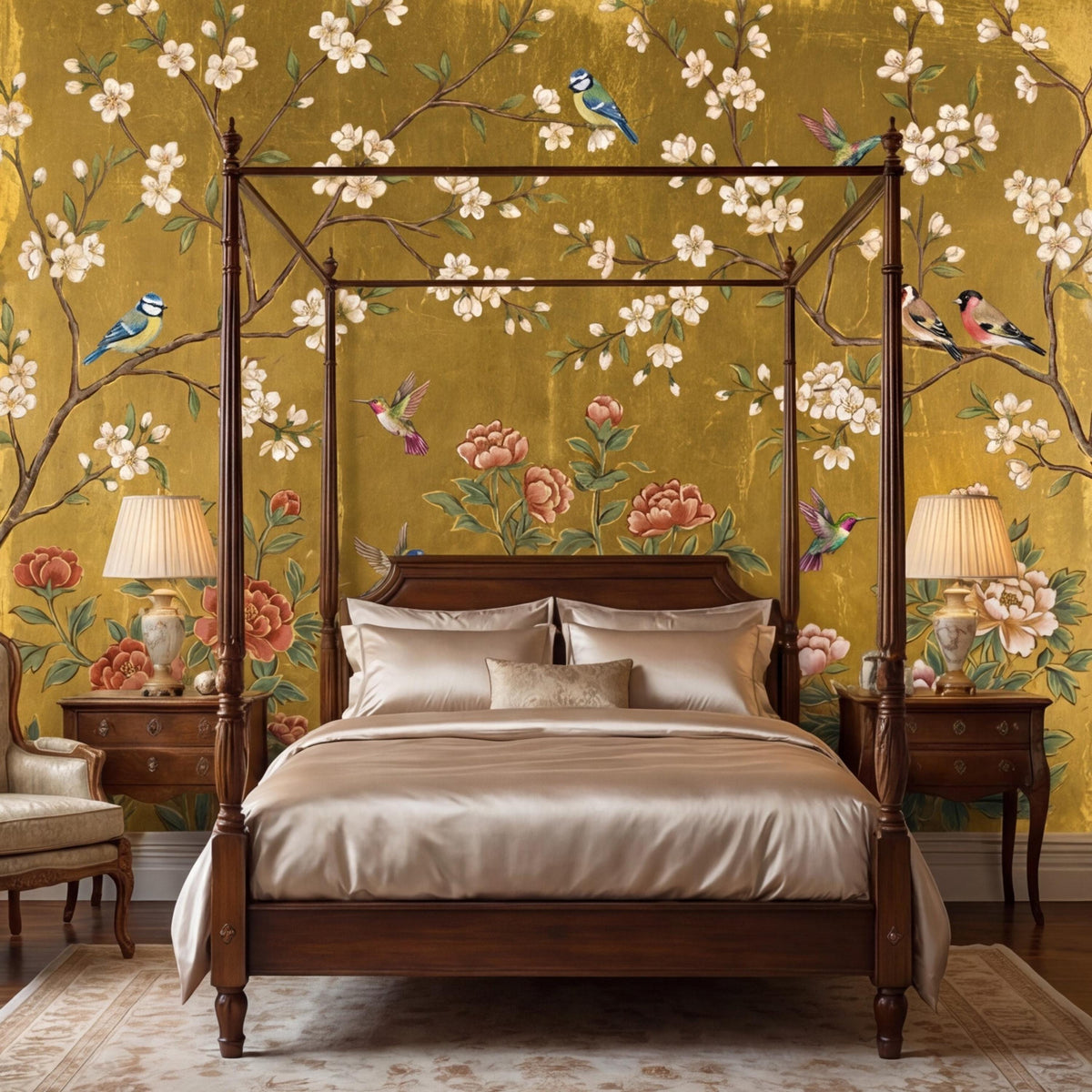 Gold floral wall mural with pink peonies, white flowers, and birds on a tree branch
