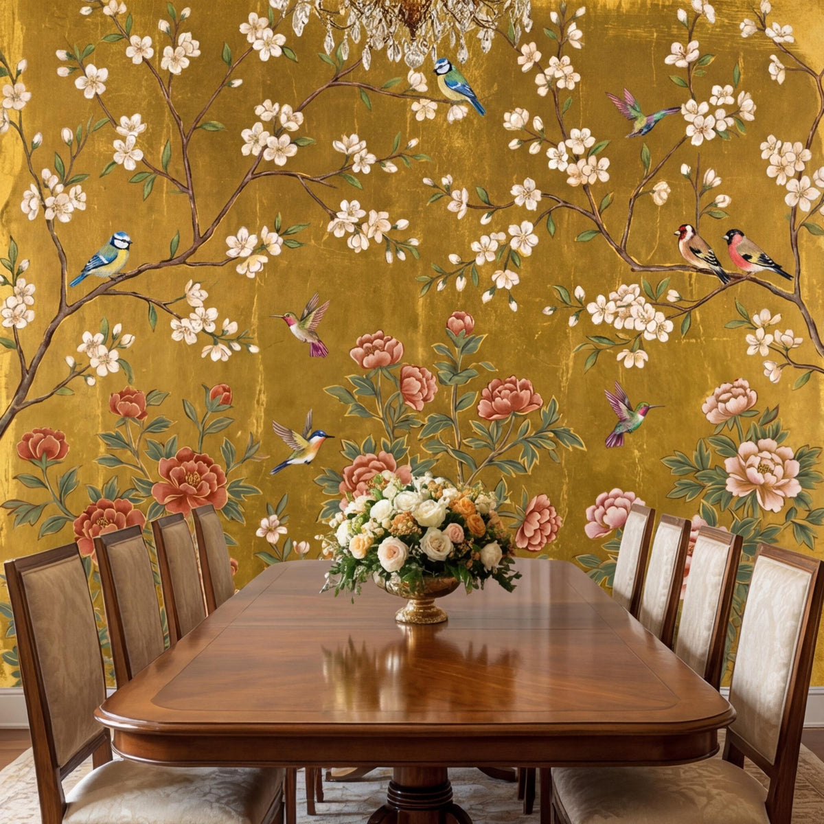 Gold floral bird wall mural with pink roses, white blossoms, and colorful songbirds