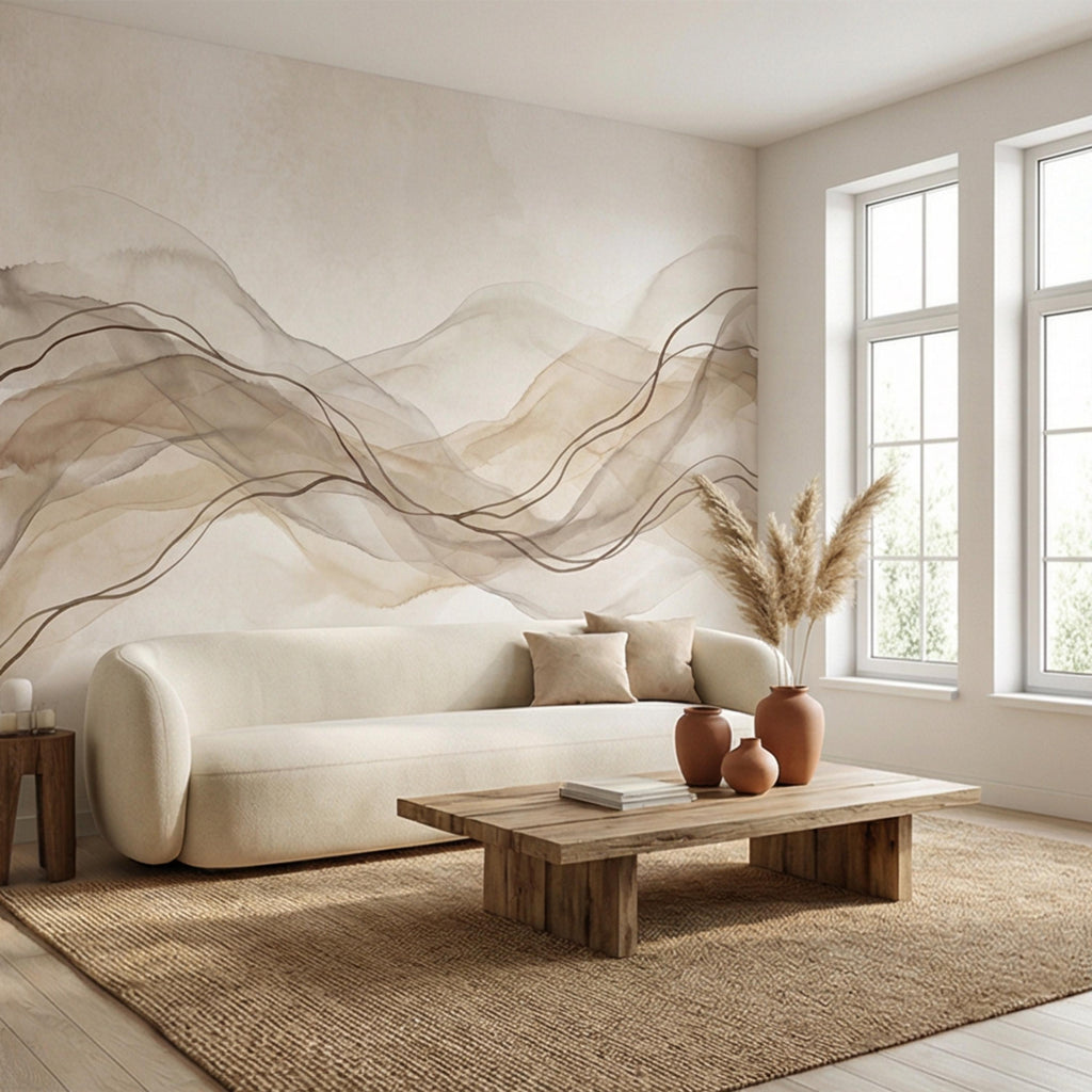 Minimalist Neutral Abstract Watercolor Waves Peel and Stick Wall Mural, Beige Taupe Line Art Modern Japandi Boho Wallpaper