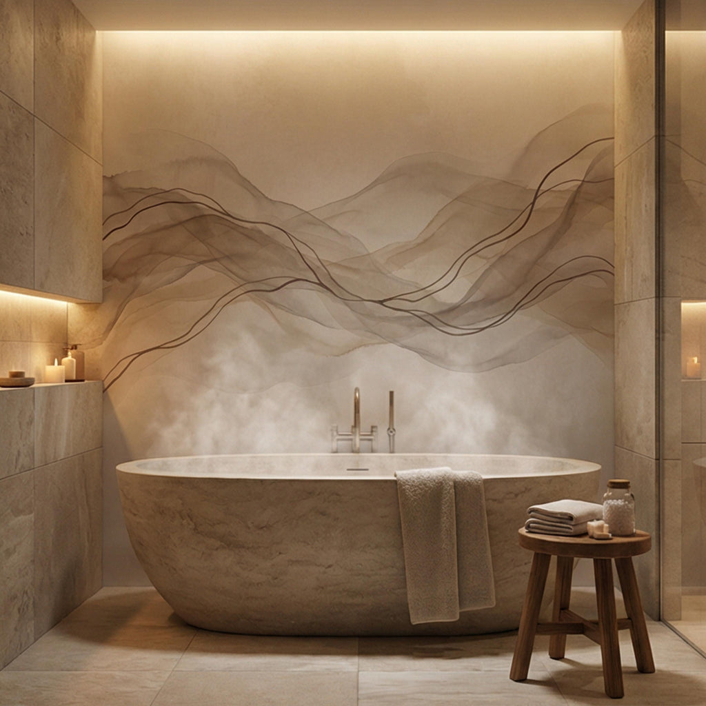 Minimalist Neutral Abstract Watercolor Waves Peel and Stick Wall Mural, Beige Taupe Line Art Modern Japandi Boho Wallpaper