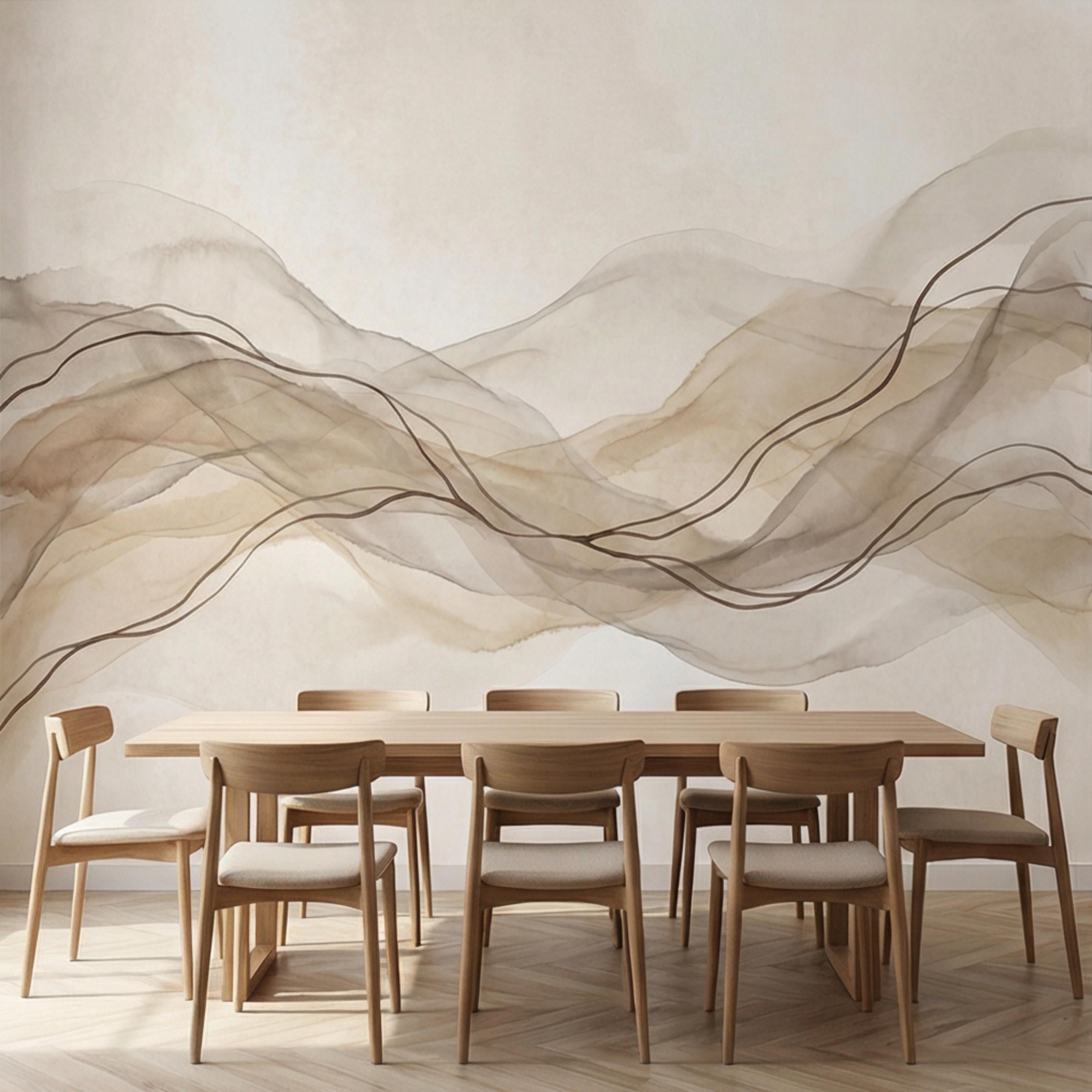 Minimalist Neutral Abstract Watercolor Waves Peel and Stick Wall Mural, Beige Taupe Line Art Modern Japandi Boho Wallpaper