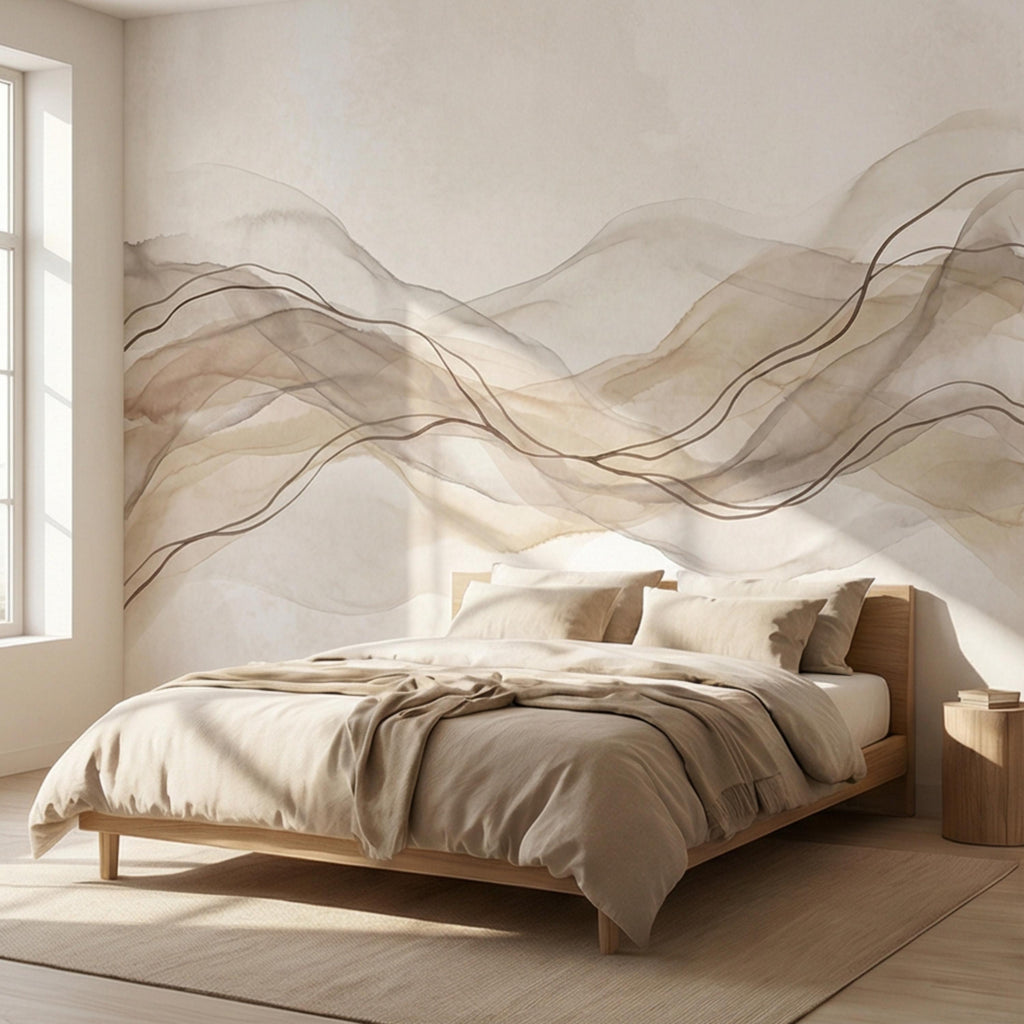 Minimalist Neutral Abstract Watercolor Waves Peel and Stick Wall Mural, Beige Taupe Line Art Modern Japandi Boho Wallpaper