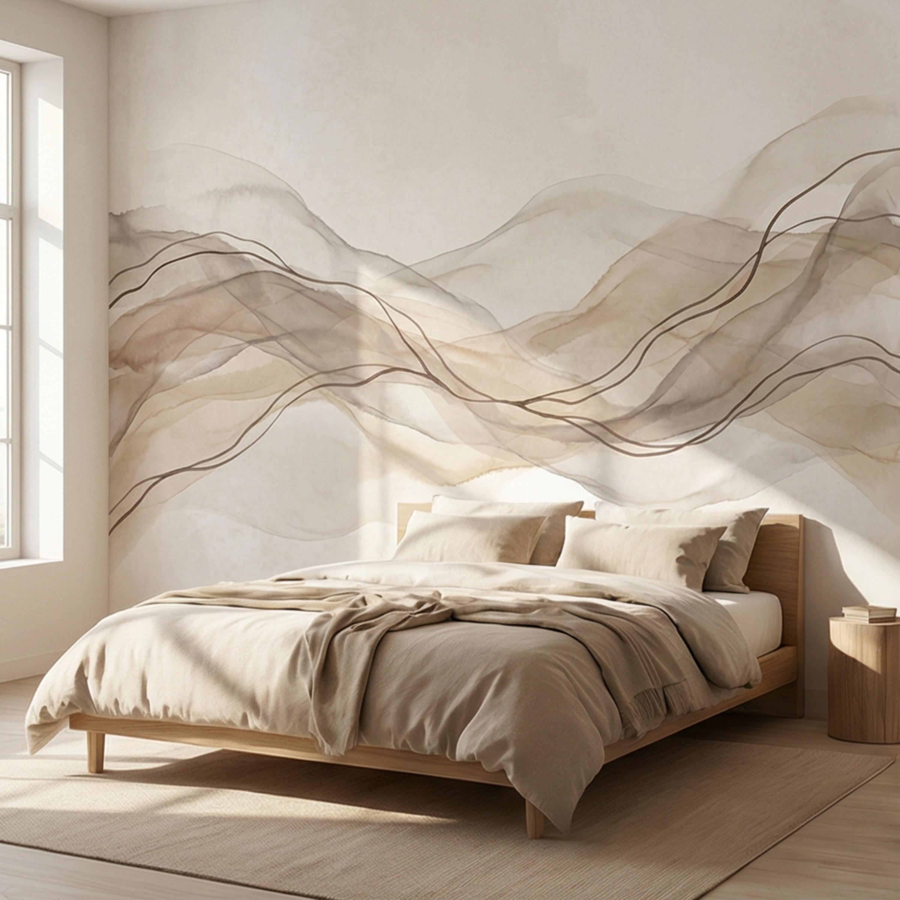 Minimalist Neutral Abstract Watercolor Waves Peel and Stick Wall Mural, Beige Taupe Line Art Modern Japandi Boho Wallpaper