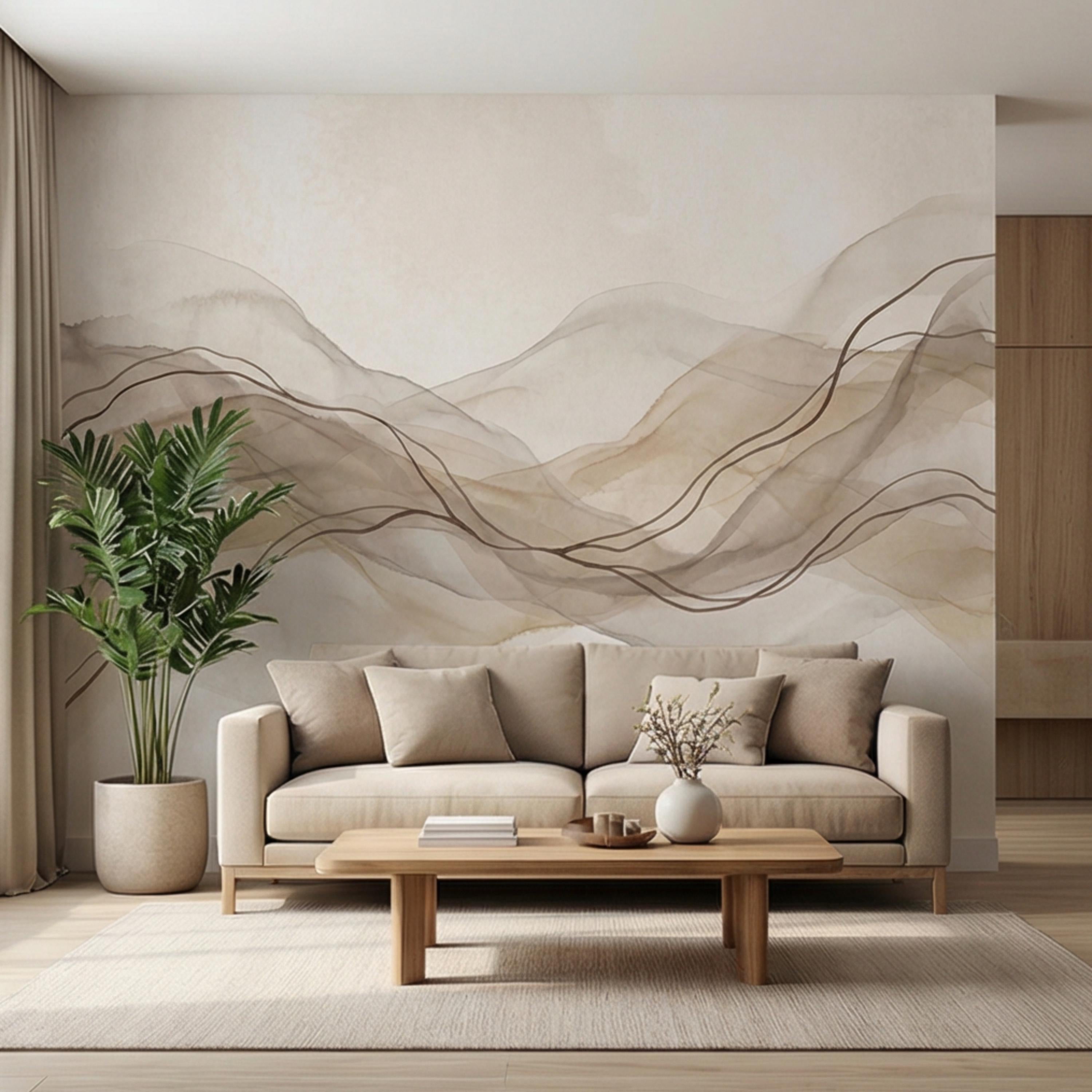 Minimalist Neutral Abstract Watercolor Waves Peel and Stick Wall Mural, Beige Taupe Line Art Modern Japandi Boho Wallpaper