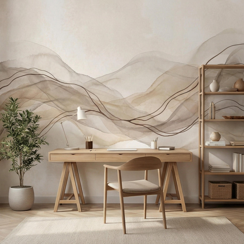 Minimalist Neutral Abstract Watercolor Waves Peel and Stick Wall Mural, Beige Taupe Line Art Modern Japandi Boho Wallpaper