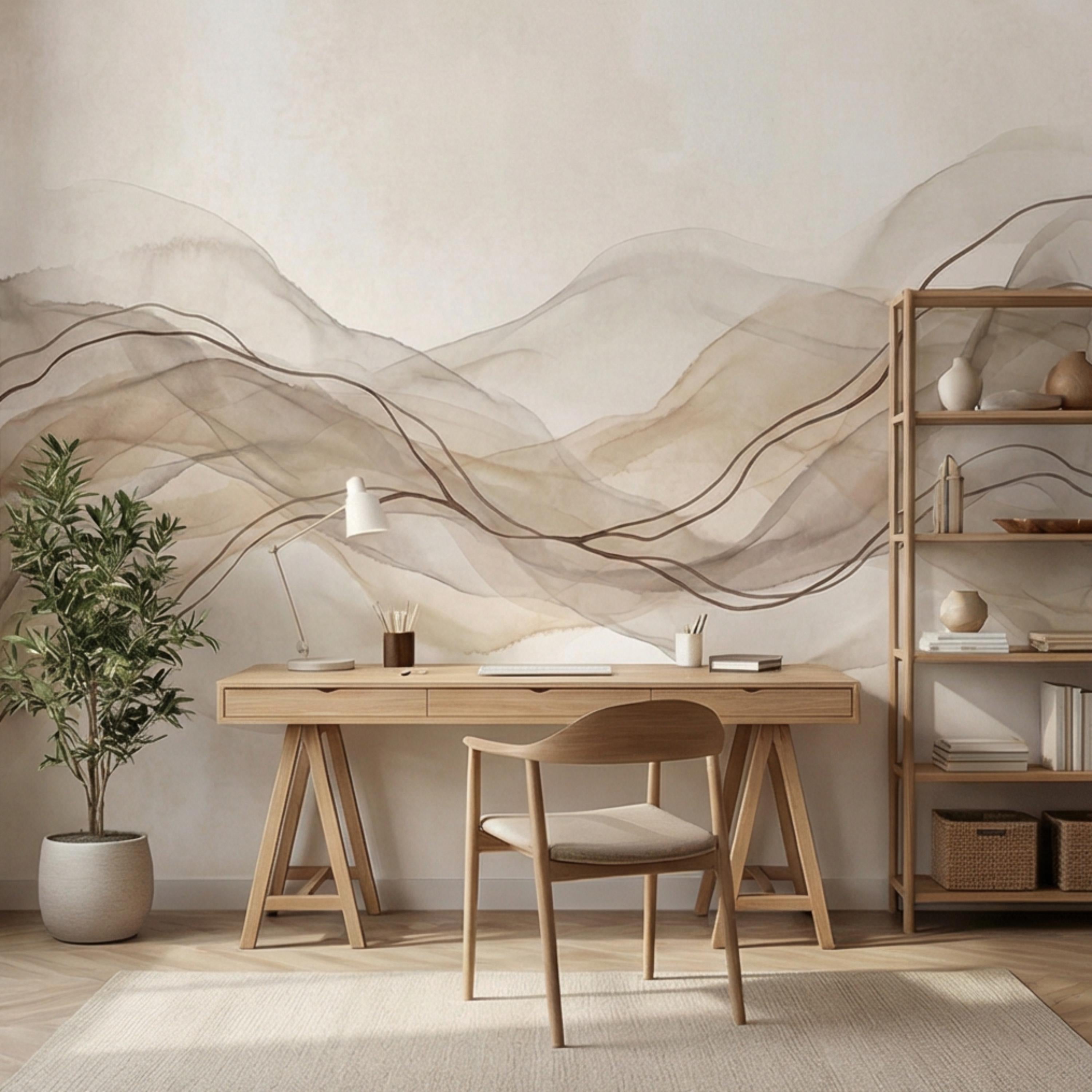 Minimalist Neutral Abstract Watercolor Waves Peel and Stick Wall Mural, Beige Taupe Line Art Modern Japandi Boho Wallpaper