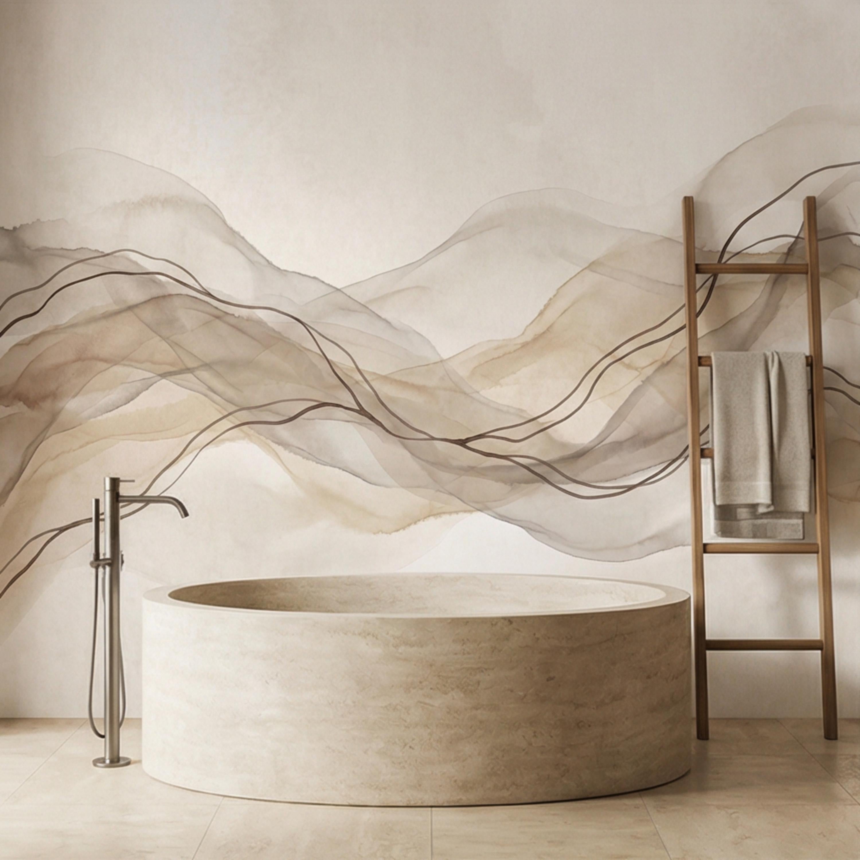 Minimalist Neutral Abstract Watercolor Waves Peel and Stick Wall Mural, Beige Taupe Line Art Modern Japandi Boho Wallpaper