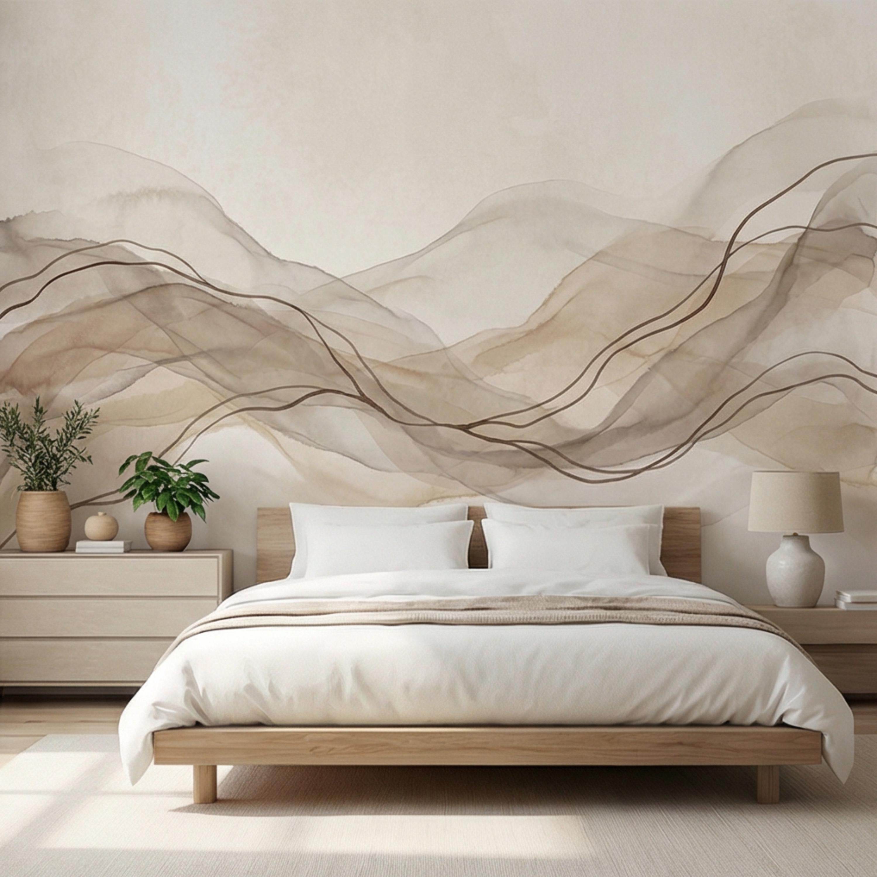 Minimalist Neutral Abstract Watercolor Waves Peel and Stick Wall Mural, Beige Taupe Line Art Modern Japandi Boho Wallpaper