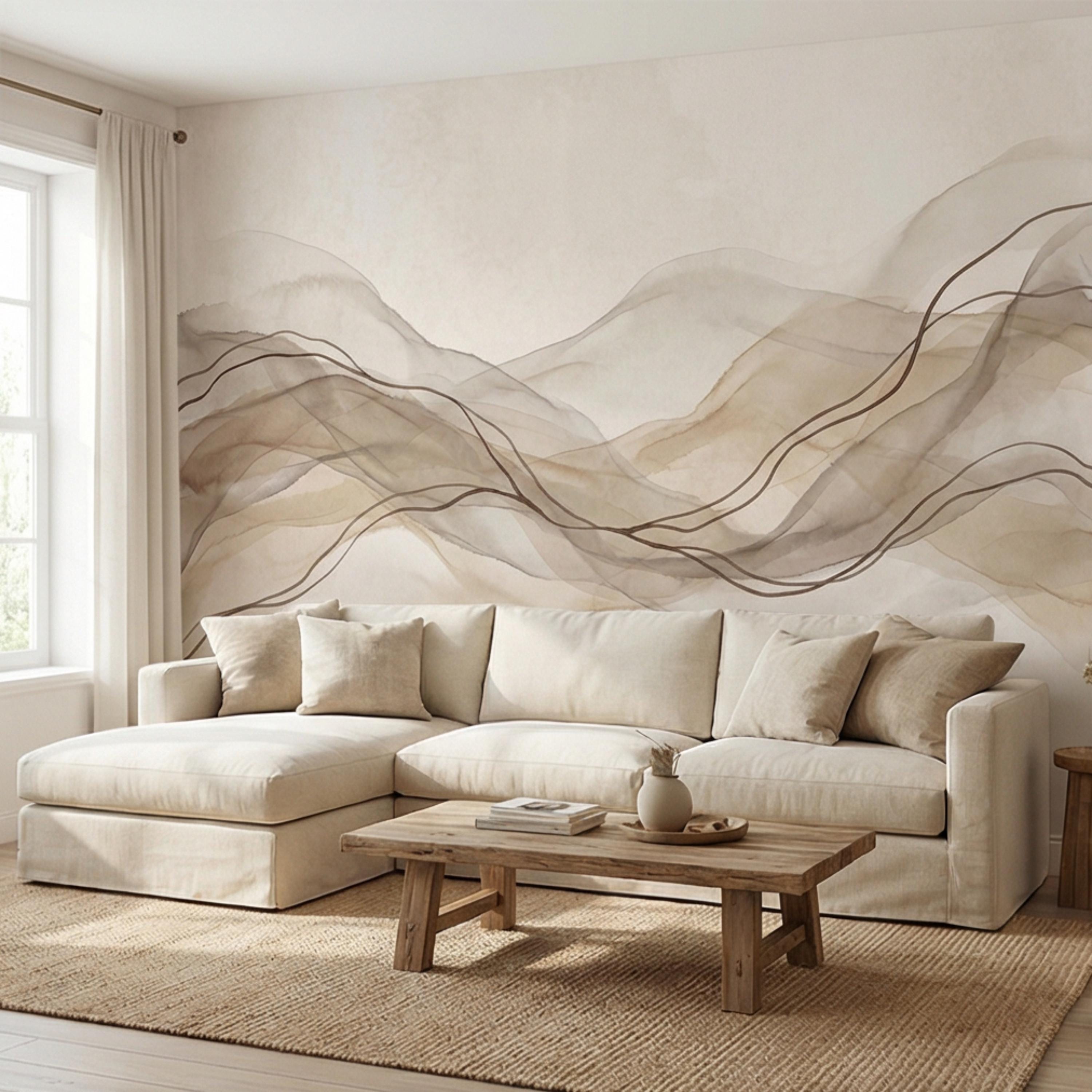 Minimalist Neutral Abstract Watercolor Waves Peel and Stick Wall Mural, Beige Taupe Line Art Modern Japandi Boho Wallpaper