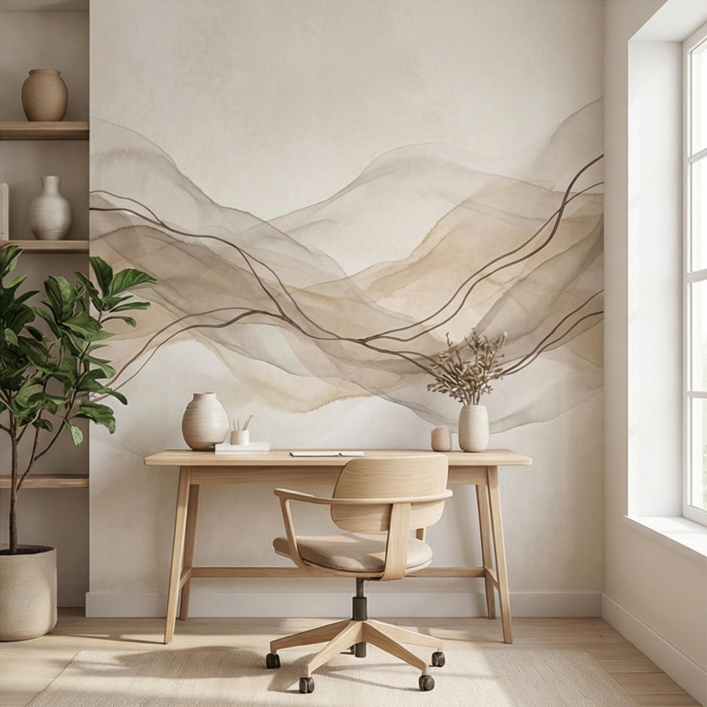 Minimalist Neutral Abstract Watercolor Waves Peel and Stick Wall Mural, Beige Taupe Line Art Modern Japandi Boho Wallpaper