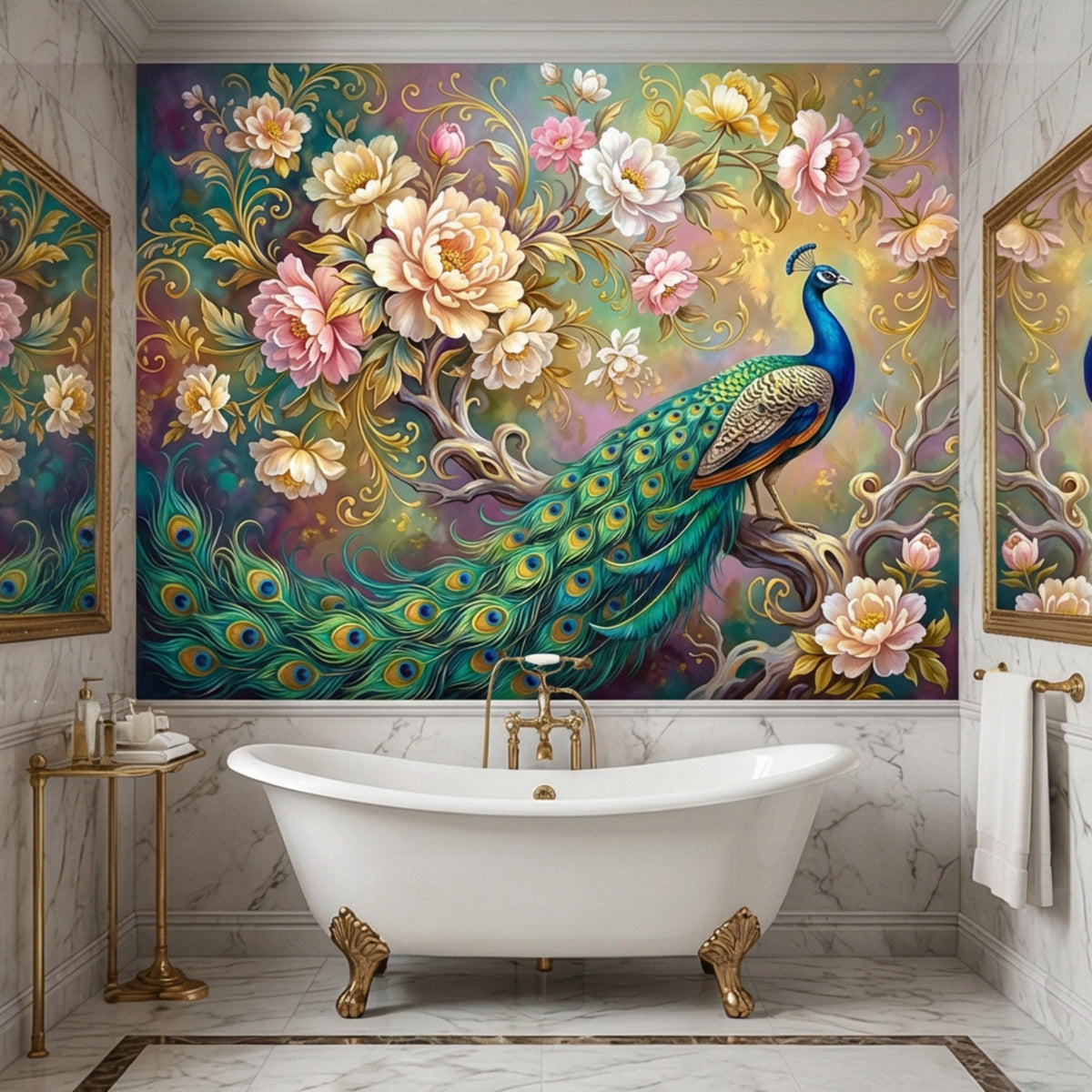 Peacock and blossom floral wall mural wallpaper above a white bathtub