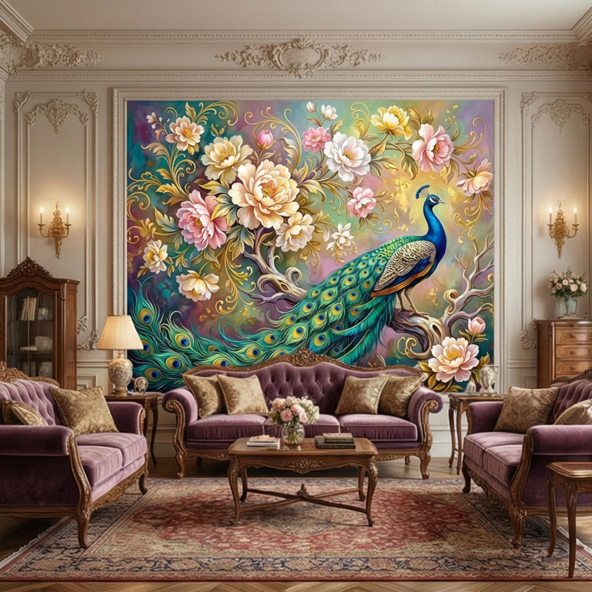 Large peacock and peony floral wall mural wallpaper over a living room sofa