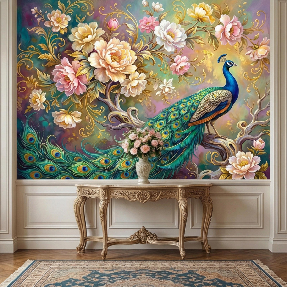 Peacock and peony floral wall mural wallpaper in blue, green, and gold tones