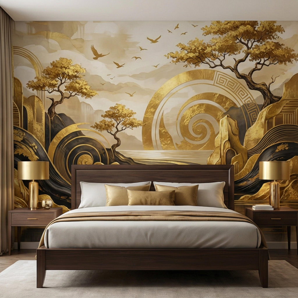 Black & Gold Art Deco Abstract Landscape Peel and Stick Wall Mural, Geometric Mountains River Modern Glam Statement Wallpaper