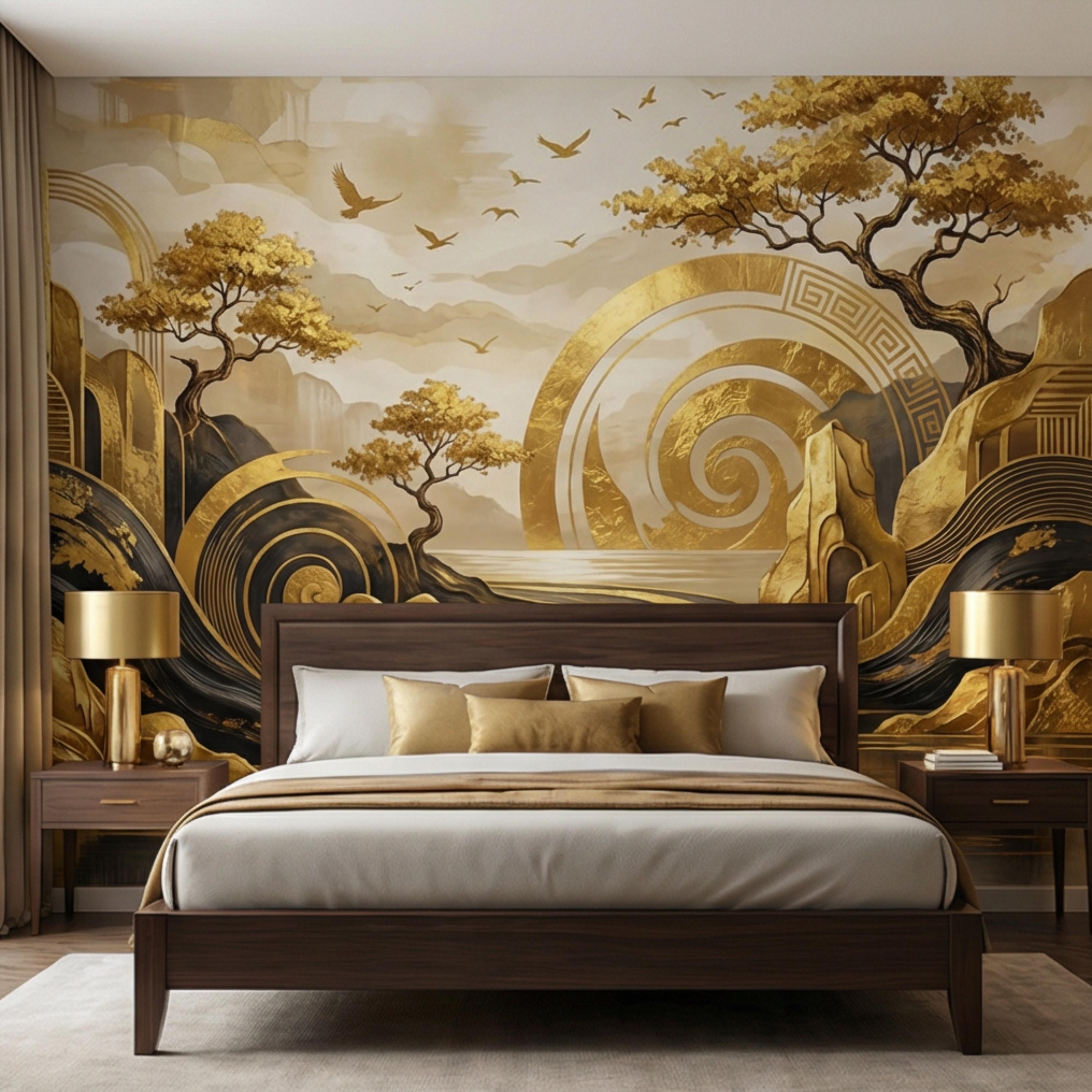 Black & Gold Art Deco Abstract Landscape Peel and Stick Wall Mural, Geometric Mountains River Modern Glam Statement Wallpaper