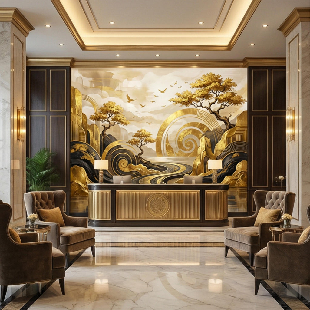 Black & Gold Art Deco Abstract Landscape Peel and Stick Wall Mural, Geometric Mountains River Modern Glam Statement Wallpaper