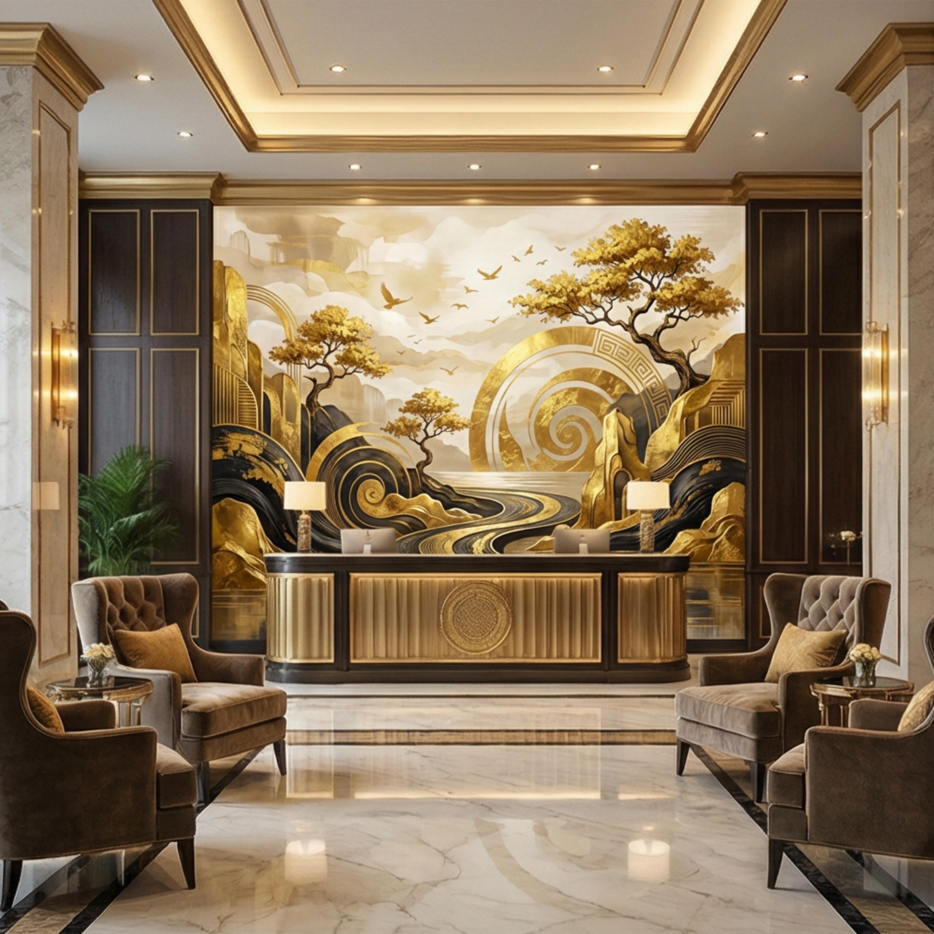 Black & Gold Art Deco Abstract Landscape Peel and Stick Wall Mural, Geometric Mountains River Modern Glam Statement Wallpaper