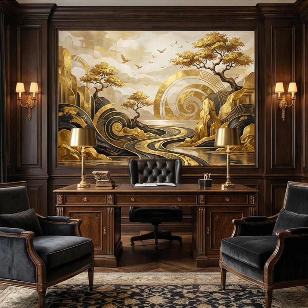 Black & Gold Art Deco Abstract Landscape Peel and Stick Wall Mural, Geometric Mountains River Modern Glam Statement Wallpaper