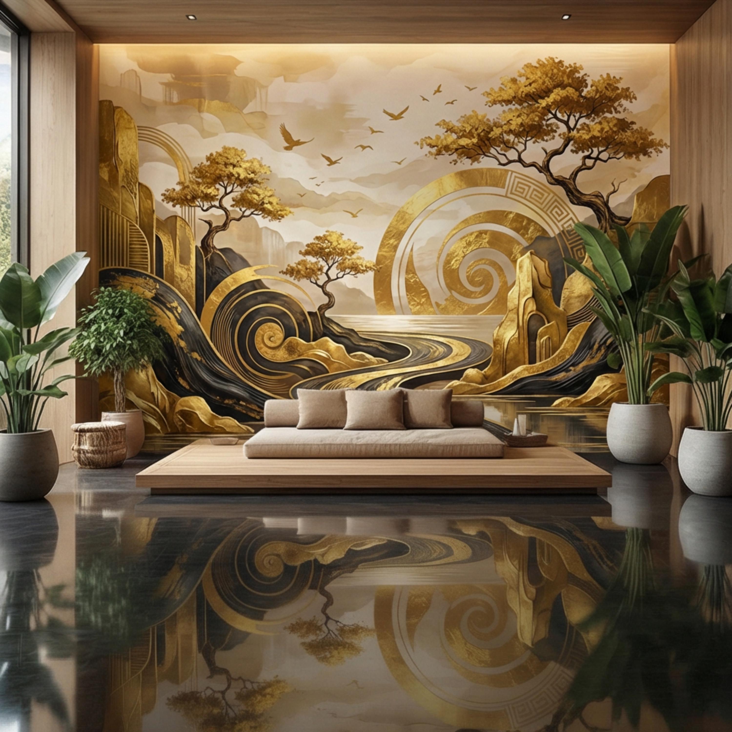 Black & Gold Art Deco Abstract Landscape Peel and Stick Wall Mural, Geometric Mountains River Modern Glam Statement Wallpaper