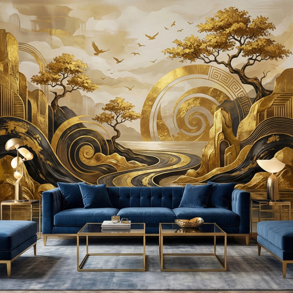 Black & Gold Art Deco Abstract Landscape Peel and Stick Wall Mural, Geometric Mountains River Modern Glam Statement Wallpaper
