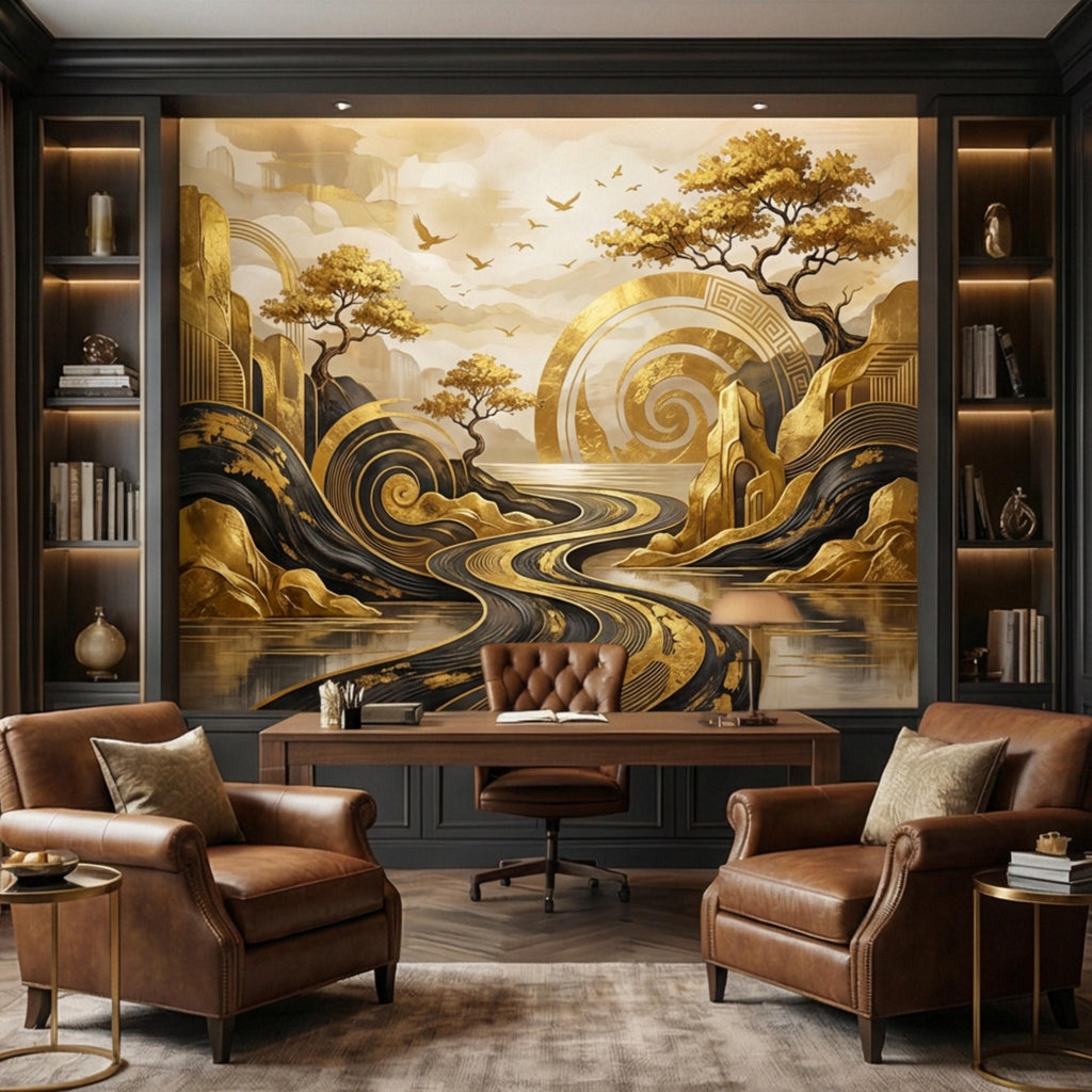 Black & Gold Art Deco Abstract Landscape Peel and Stick Wall Mural, Geometric Mountains River Modern Glam Statement Wallpaper