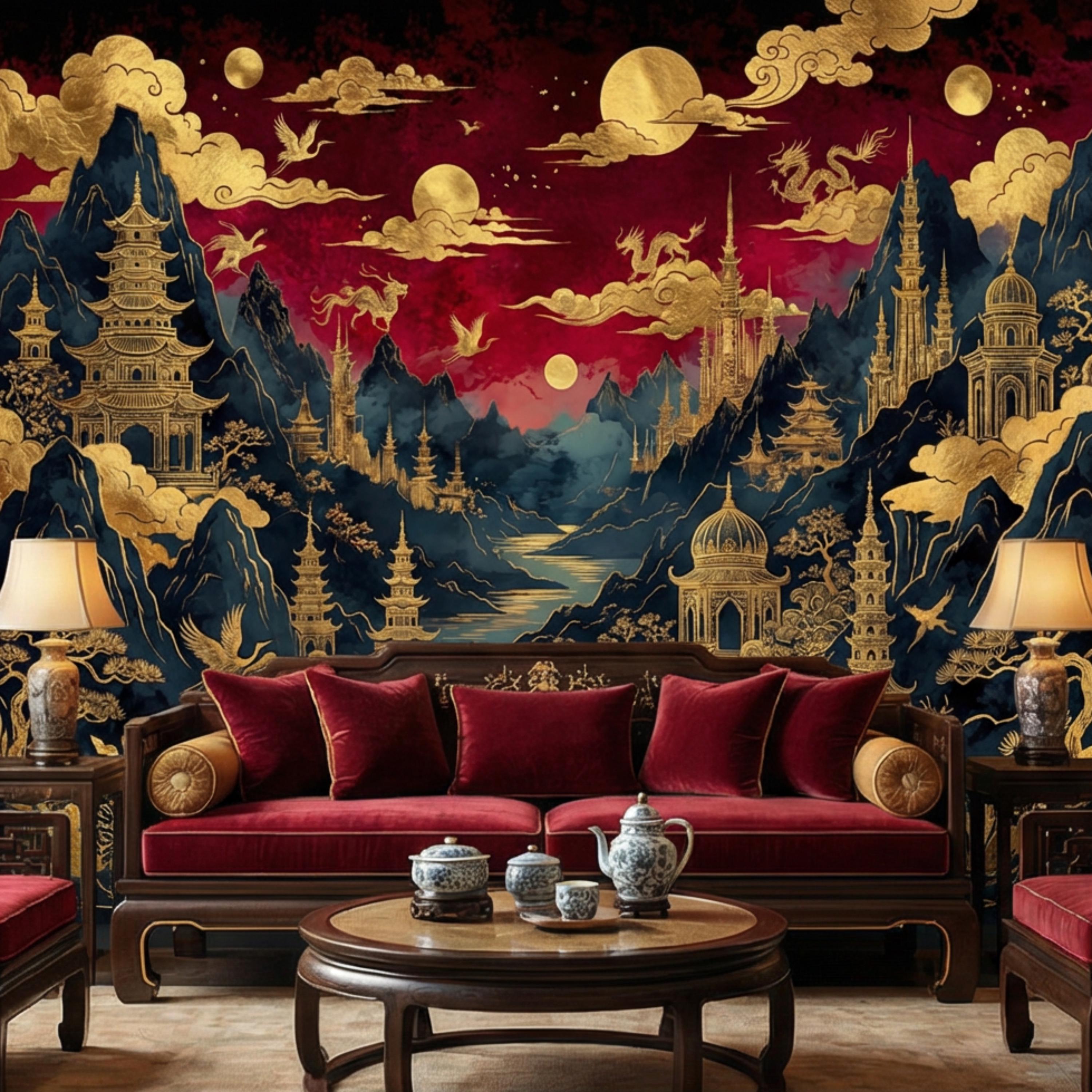 Red & Gold Chinoiserie Mountain Pagoda Landscape Peel and Stick Wall Mural, Dragons Moons Clouds Luxury Asian Wallpaper