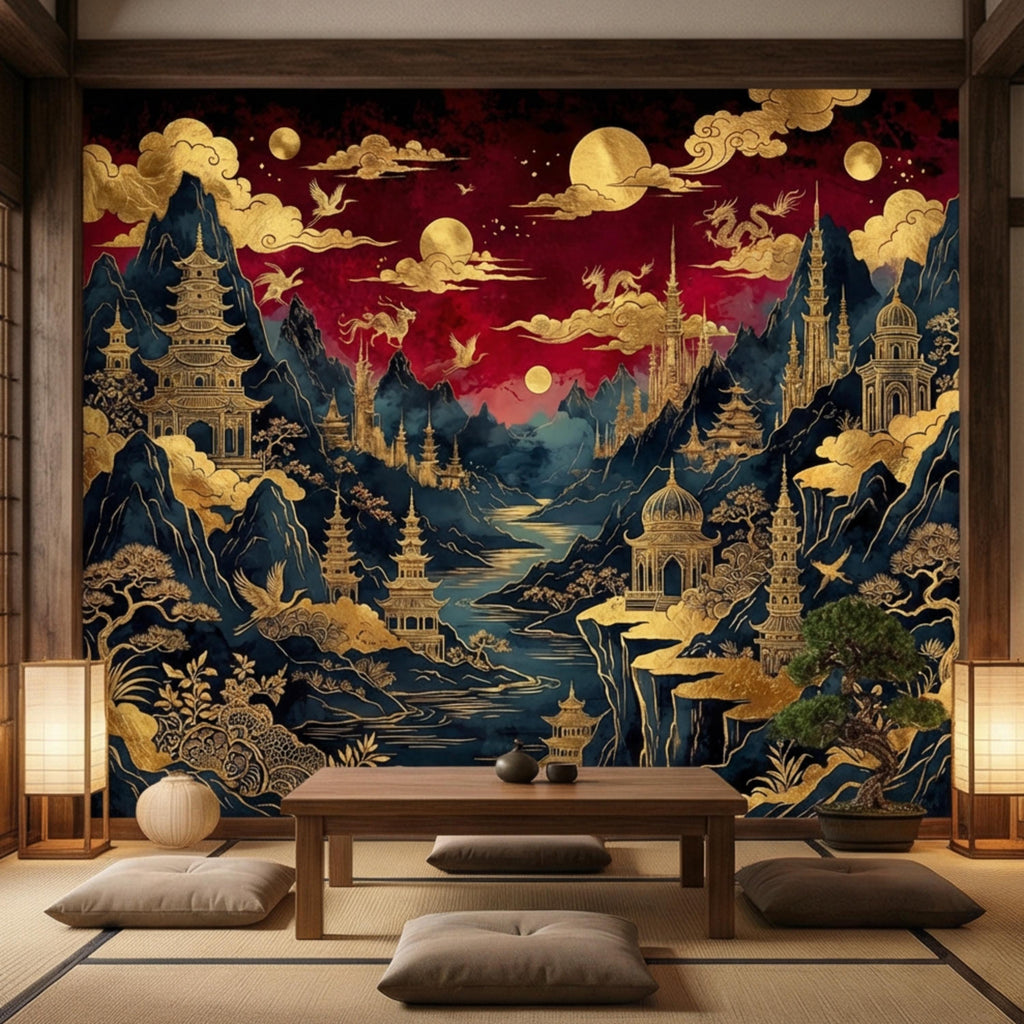 Red & Gold Chinoiserie Mountain Pagoda Landscape Peel and Stick Wall Mural, Dragons Moons Clouds Luxury Asian Wallpaper