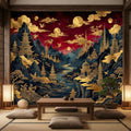 Red & Gold Chinoiserie Mountain Pagoda Landscape Peel and Stick Wall Mural, Dragons Moons Clouds Luxury Asian Wallpaper