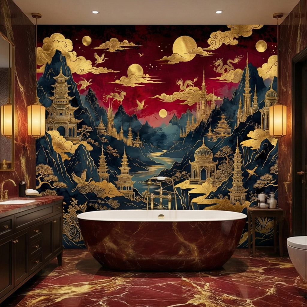 Red & Gold Chinoiserie Mountain Pagoda Landscape Peel and Stick Wall Mural, Dragons Moons Clouds Luxury Asian Wallpaper