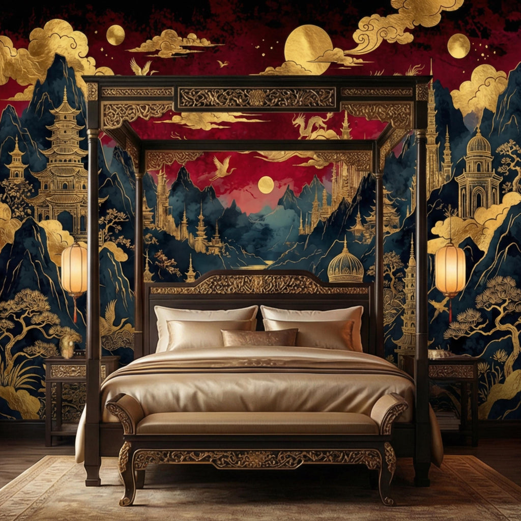 Red & Gold Chinoiserie Mountain Pagoda Landscape Peel and Stick Wall Mural, Dragons Moons Clouds Luxury Asian Wallpaper