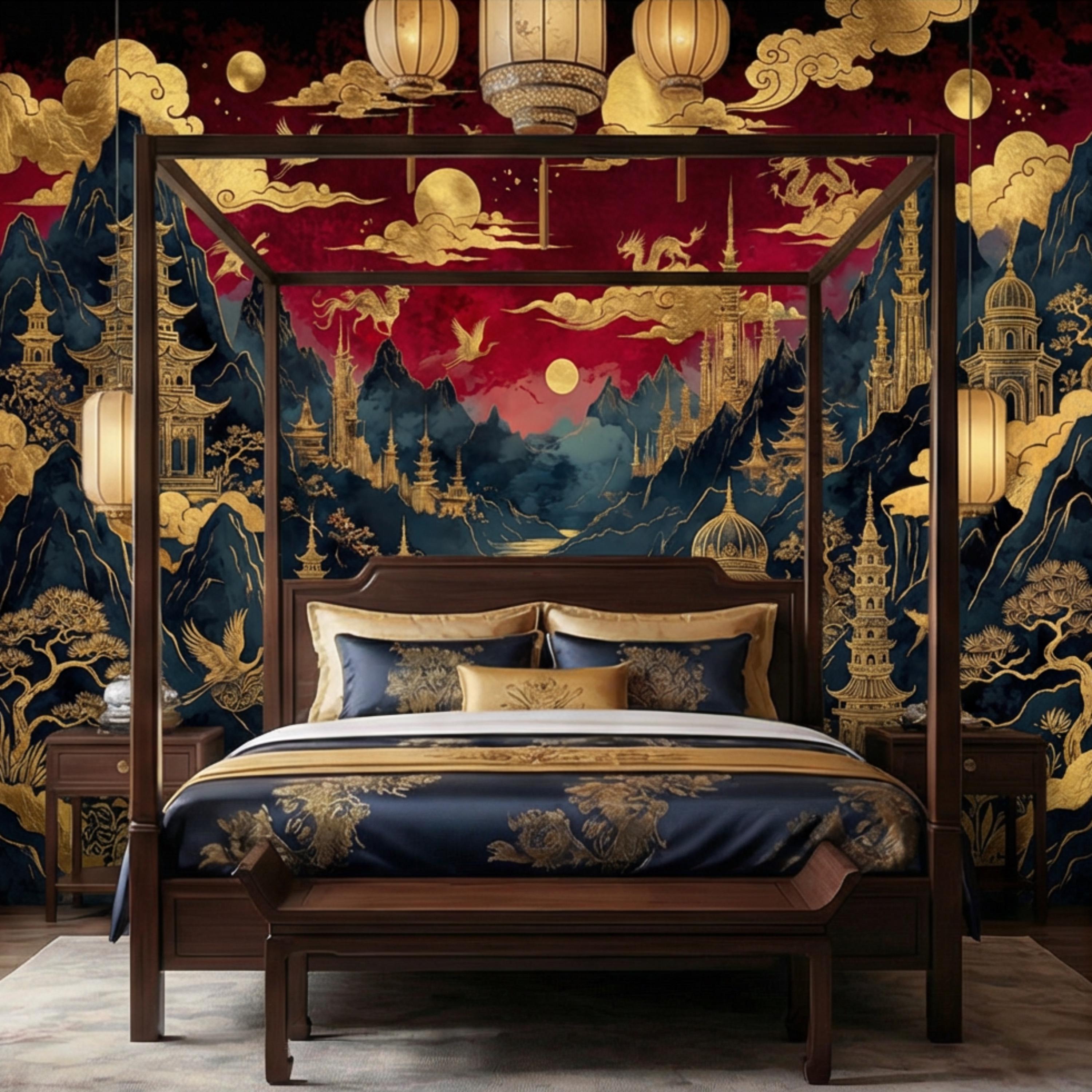 Red & Gold Chinoiserie Mountain Pagoda Landscape Peel and Stick Wall Mural, Dragons Moons Clouds Luxury Asian Wallpaper