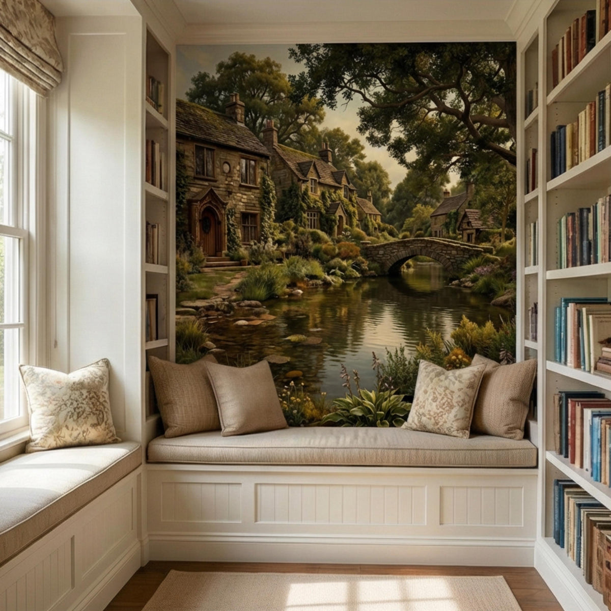 Cottage garden river landscape mural with stone bridge, trees, and clustered village houses