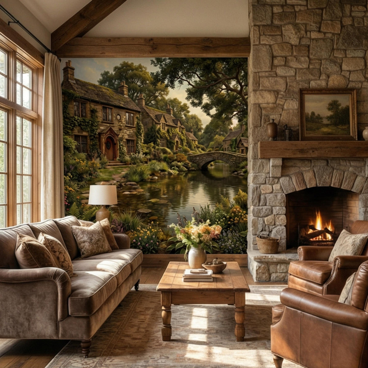 Countryside river scene wall mural featuring stone bridge, greenery, and cottage houses