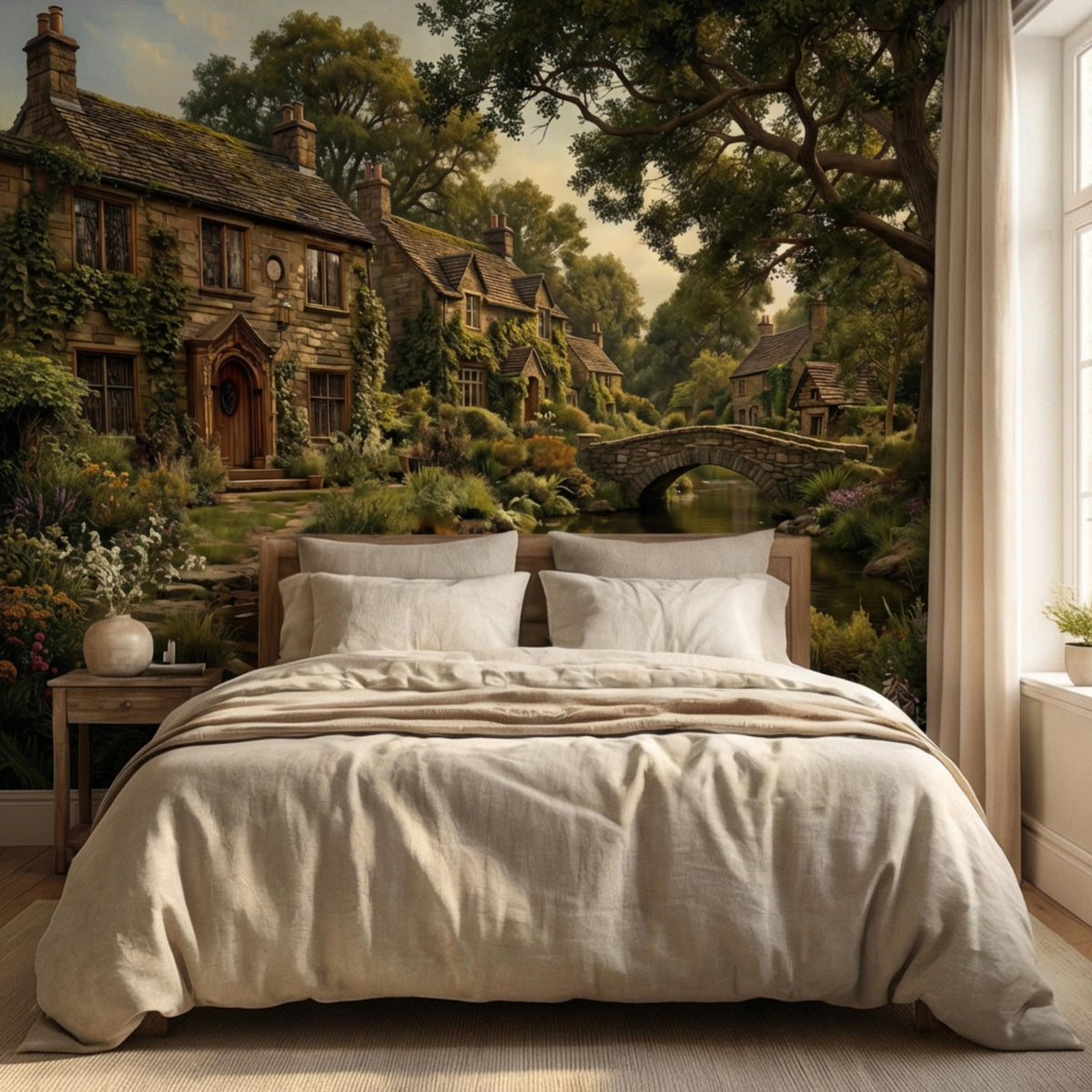 Vintage river village wall mural with stone bridge and cottages framed by lush greenery