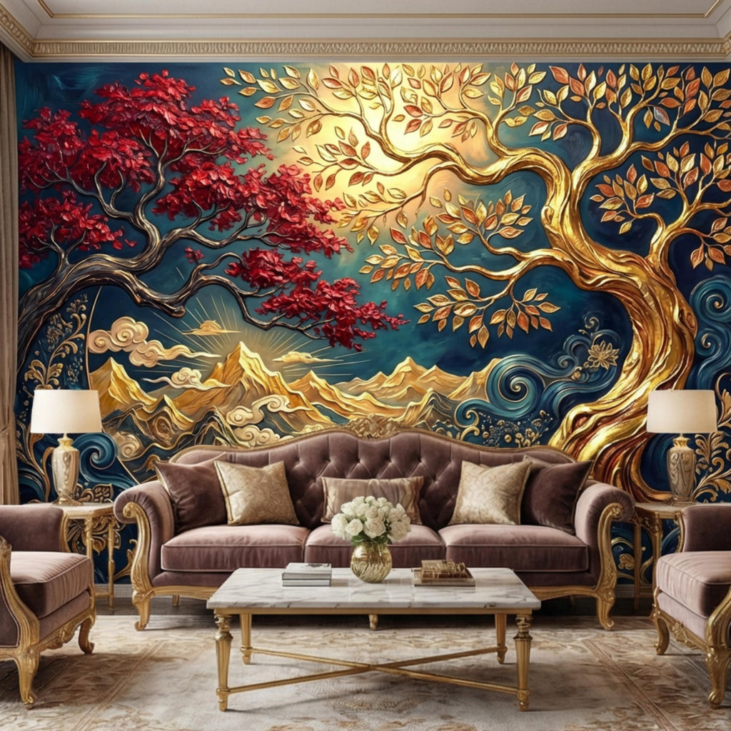 Gold Tree of Life Luxury Art Nouveau Peel and Stick Wall Mural, Blue Mountains River Waves, Fantasy Landscape Wallpaper Decor