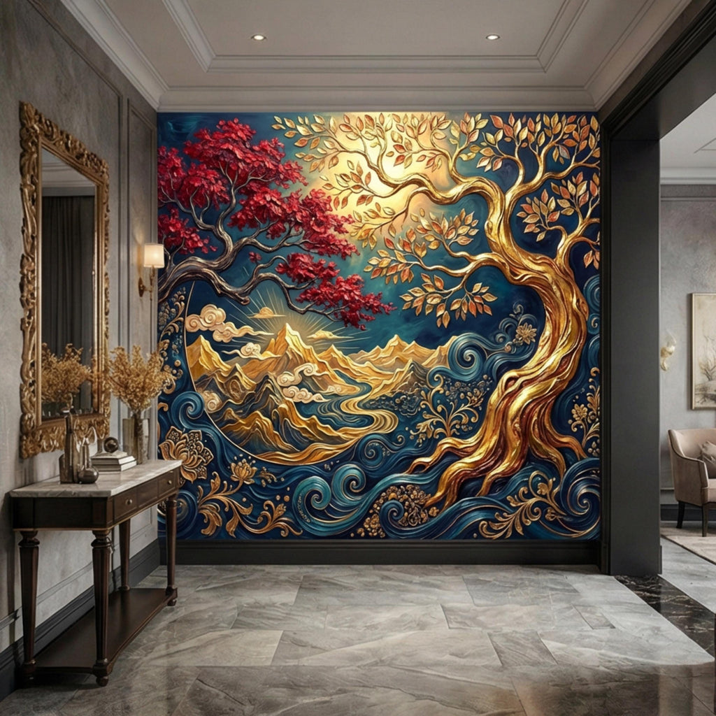 Gold Tree of Life Luxury Art Nouveau Peel and Stick Wall Mural, Blue Mountains River Waves, Fantasy Landscape Wallpaper Decor